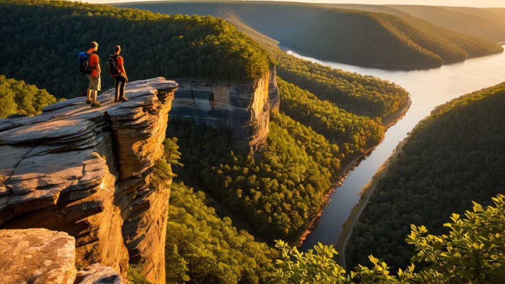 Hiking in Arkansas at Whitaker Point Hawksbill Crag over Ozark National Forest valley