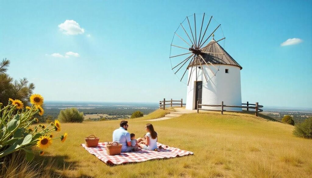 Family picnic under restored windmill sails on Windmill Hill with blue skies and wildflowers in Dallas.