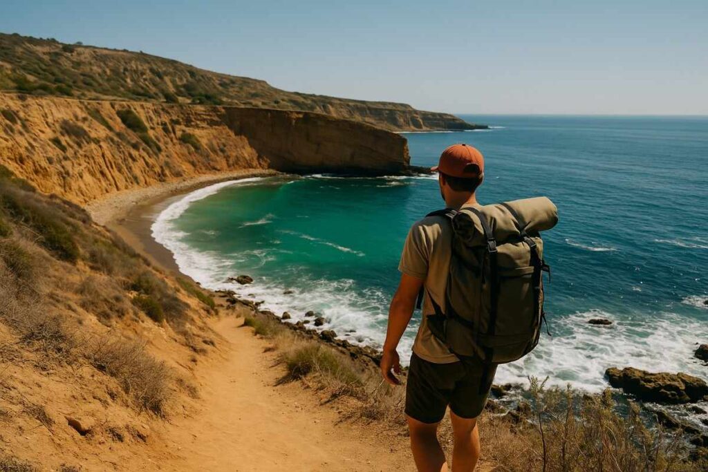 A scenic photograph of a hiker exploring the rugged terrain along the Abalone Cove Shoreline Park, surrounded by natural beauty, clear skies, and dramatic landscapes.