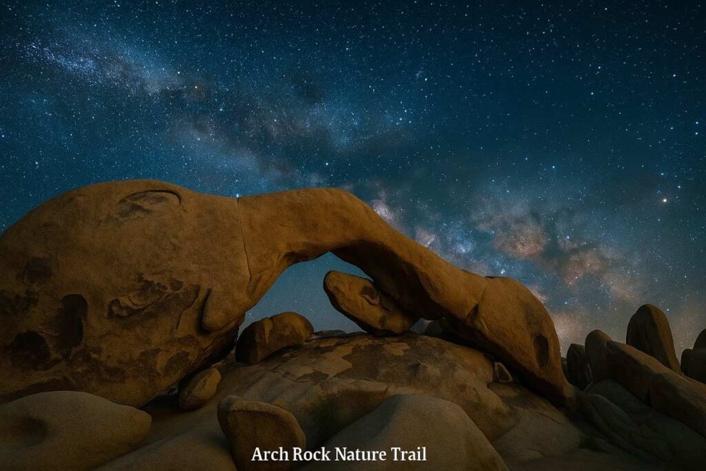 Early-morning light illuminating the natural Arch Rock on the Arch Rock Nature Trail in Joshua Tree National Park, surrounded by monzogranite slabs.