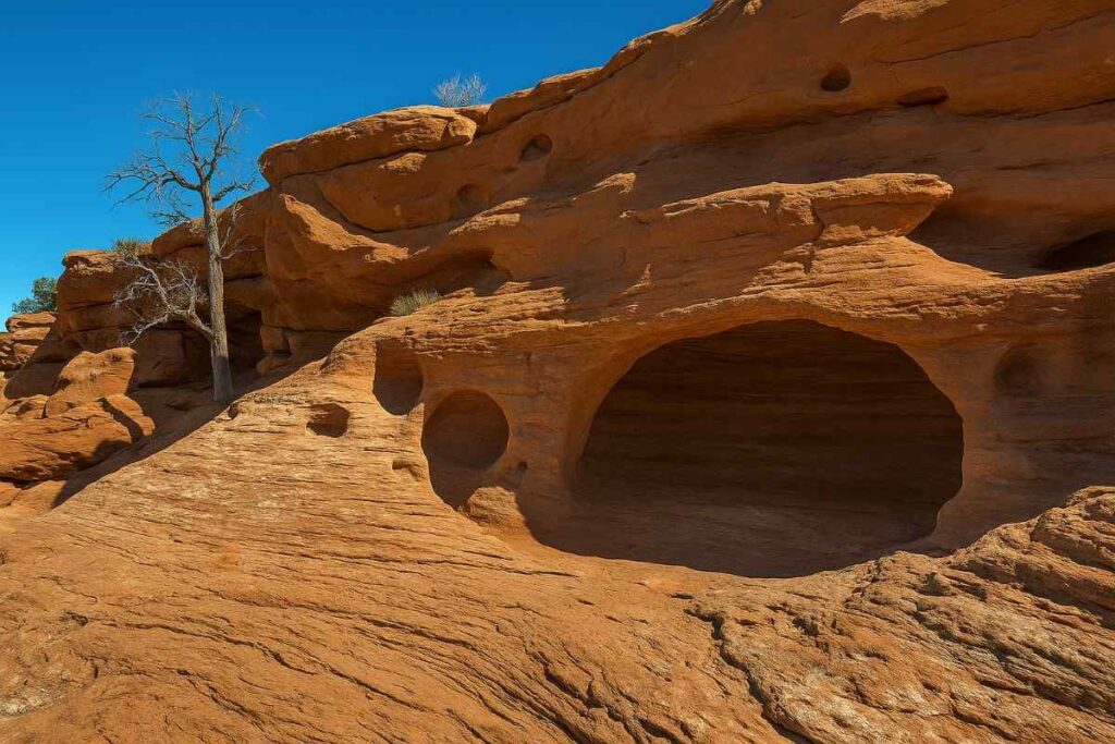 A scenic view along the Aztec Butte Loop Trail in Canyonlands National Park, showcasing rugged red rock formations, desert vegetation, and the vast natural beauty of the American Southwest under a clear blue sky.
