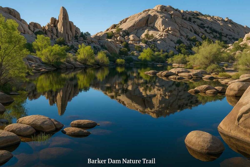 Scenic view of Barker Dam Nature Trail in Joshua Tree National Park, with a historic water reservoir reflecting rugged granite formations.