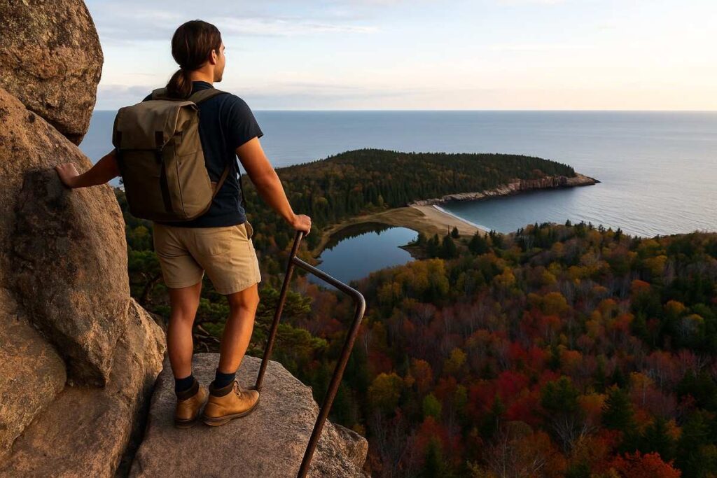 Scenic view from the Beehive Trail in Acadia National Park featuring rugged terrain, coastal landscapes, and signature hiking scenery