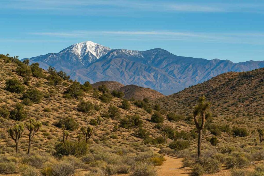 Ridge-top vista on the Black Rock Canyon Loop in Joshua Tree National Park, overlooking pinyon-juniper woodlands and distant desert valleys.