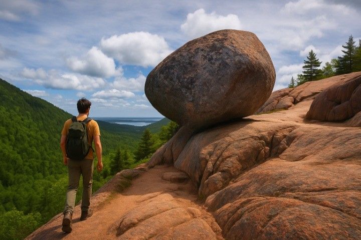Scenic view from the Bubble Rock Trail in Acadia National Park featuring rugged terrain, coastal landscapes, and signature hiking scenery