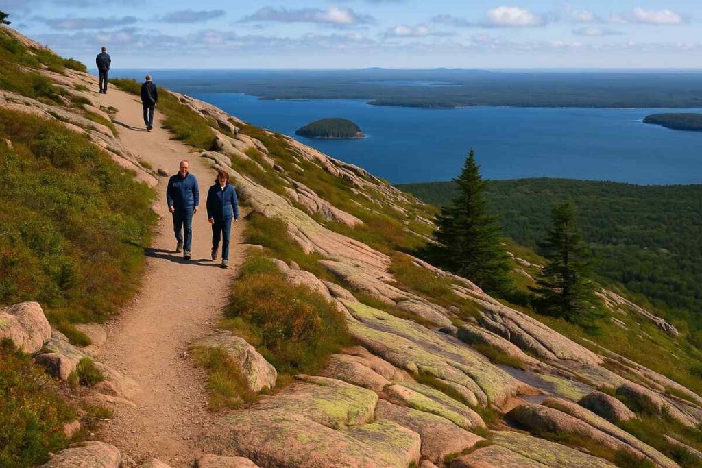 Scenic view from the Cadillac Mountain in Acadia National Park featuring rugged terrain, coastal landscapes, and signature hiking scenery