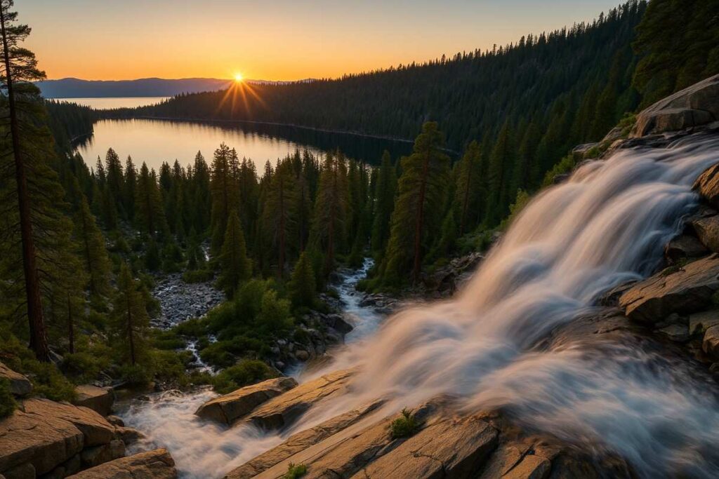 Scenic view along the Cascade Falls near Lake Tahoe, featuring natural terrain, lush forest, lake views, and hikers enjoying the picturesque landscape in realistic lighting.
