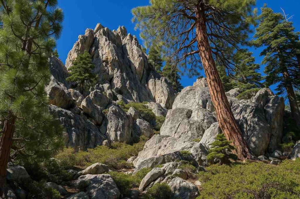 Scenic view along the Castle Rock near Lake Tahoe, featuring natural terrain, lush forest, lake views, and hikers enjoying the picturesque landscape in realistic lighting.