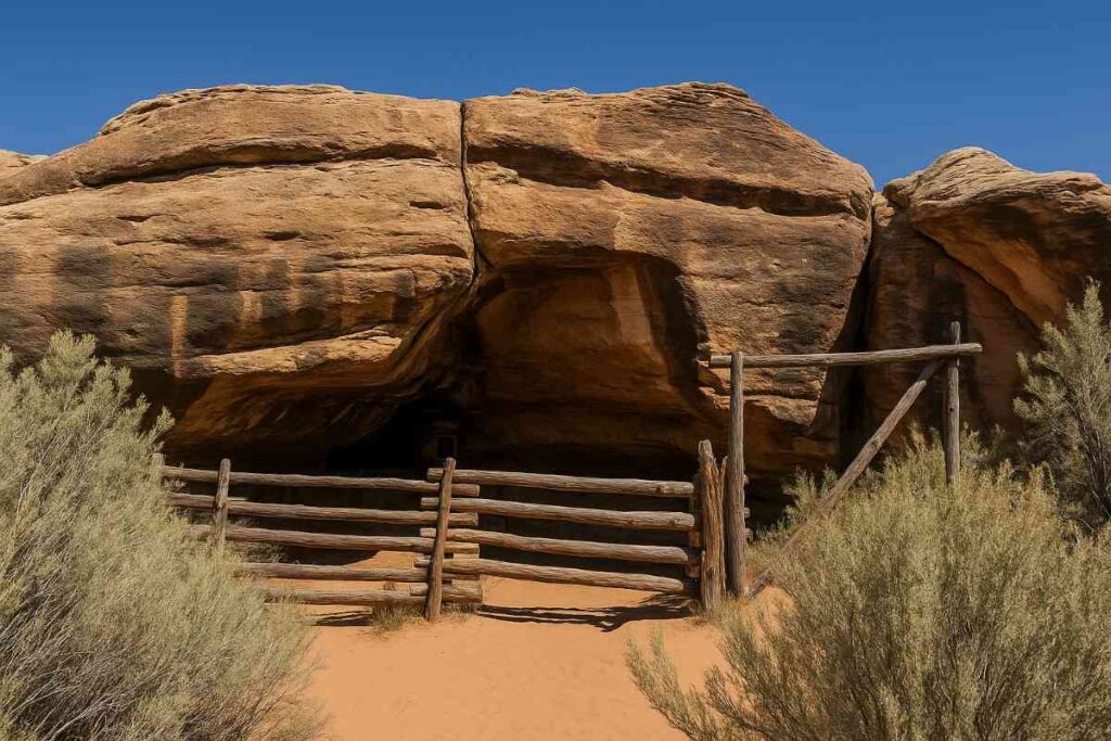 A scenic view along the Cave Spring Trail in Canyonlands National Park, showcasing rugged red rock formations, desert vegetation, and the vast natural beauty of the American Southwest under a clear blue sky.
