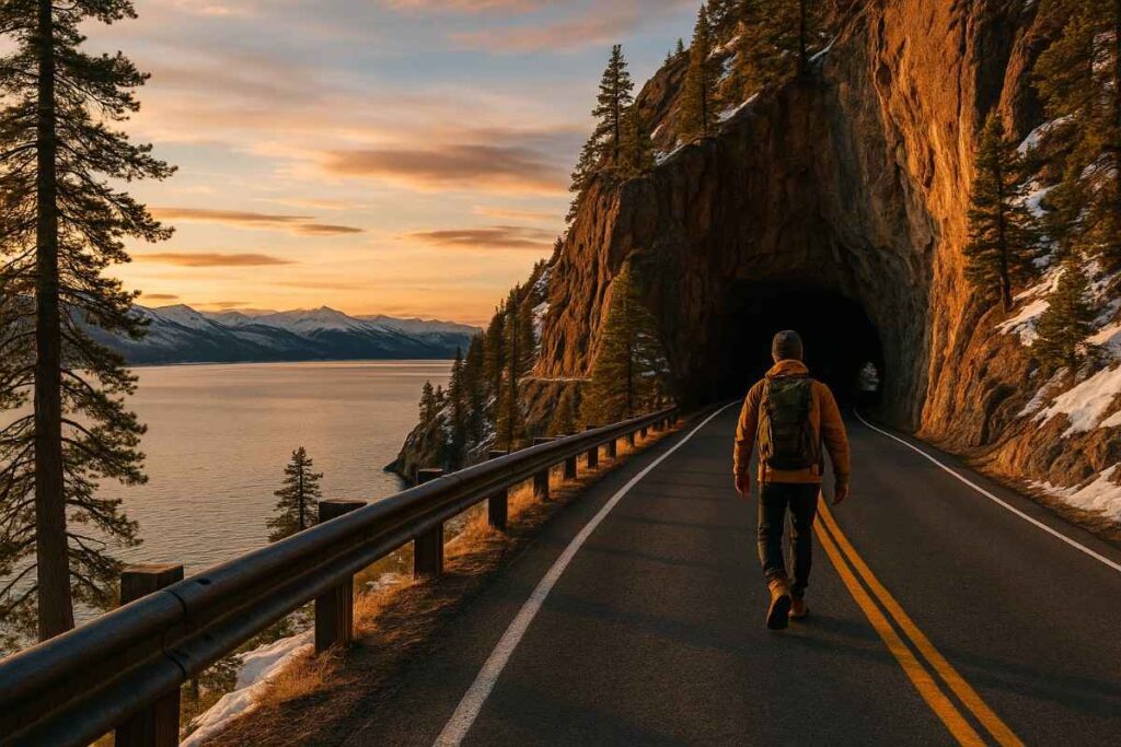 Scenic view along the Cave Rock near Lake Tahoe, featuring natural terrain, lush forest, lake views, and hikers enjoying the picturesque landscape in realistic lighting.