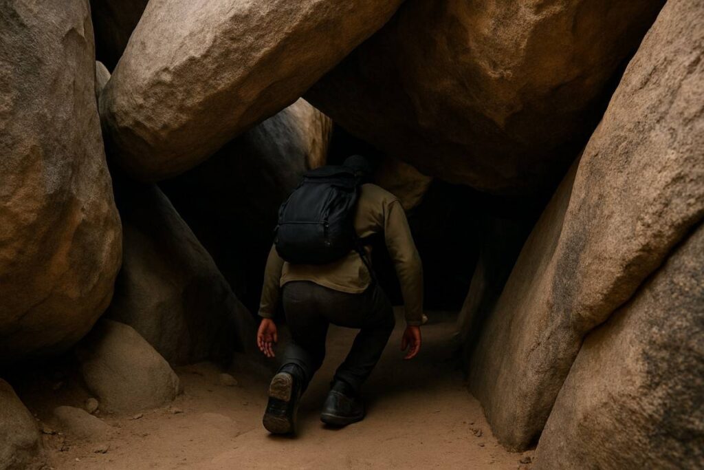 Adventurous hiker navigating the narrow slot-canyon of the Chasm of Doom Trail in Joshua Tree National Park, with light filtering through granite walls.