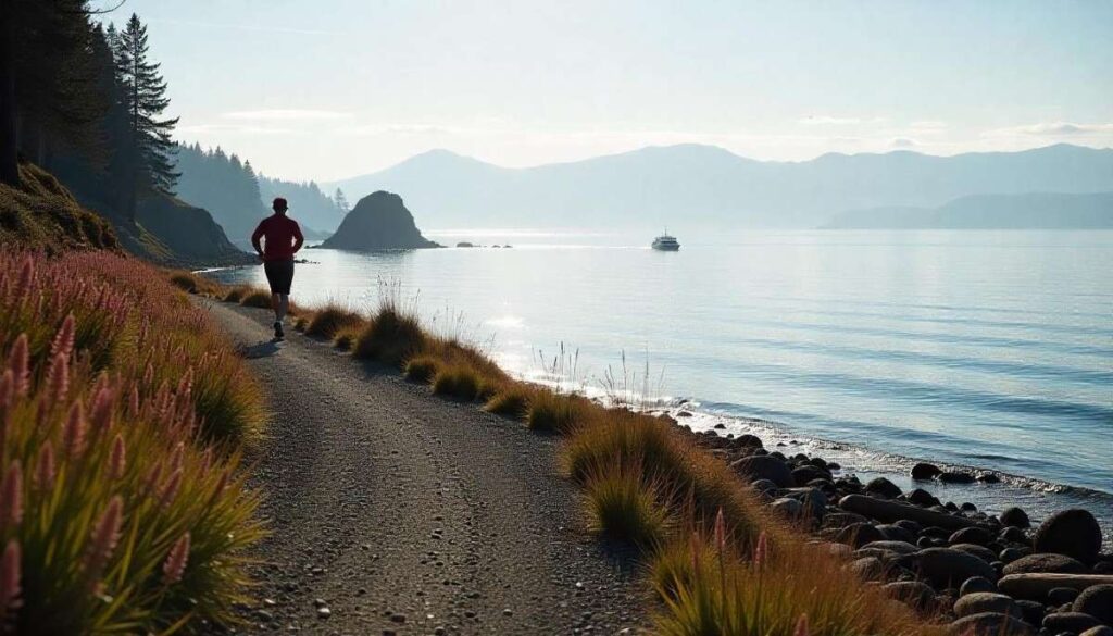 A scenic view along the Discovery Park Loop near Seattle Washington, showcasing rugged red rock formations, desert vegetation, and the vast natural beauty of the American Southwest under a clear blue sky.