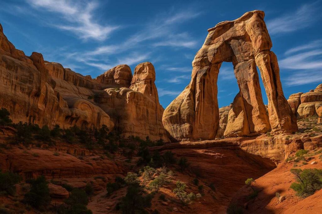 A scenic view along the Druid Arch Trail in Canyonlands National Park, showcasing rugged red rock formations, desert vegetation, and the vast natural beauty of the American Southwest under a clear blue sky.