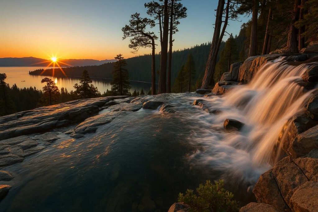 Scenic view along the Eagle Falls Trail near Lake Tahoe, featuring natural terrain, lush forest, lake views, and hikers enjoying the picturesque landscape in realistic lighting.