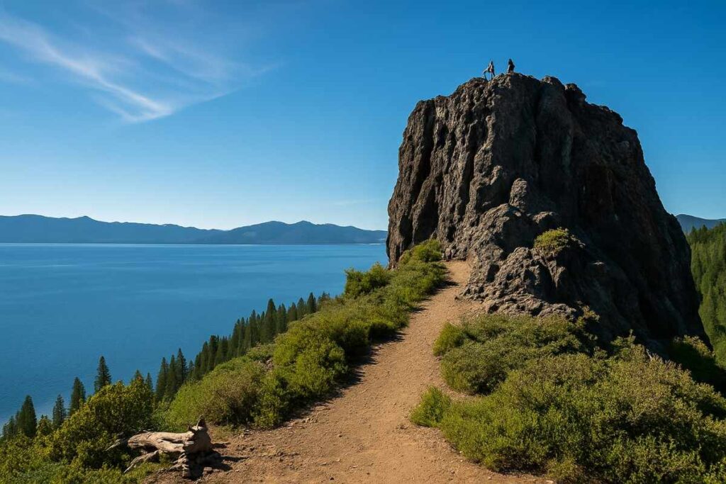 Scenic view along the Eagle Rock near Lake Tahoe, featuring natural terrain, lush forest, lake views, and hikers enjoying the picturesque landscape in realistic lighting.