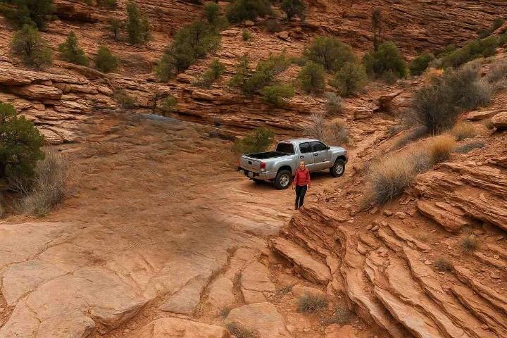 A scenic view along the Elephant Hill  Trailhead in Canyonlands National Park, showcasing rugged red rock formations, desert vegetation, and the vast natural beauty of the American Southwest under a clear blue sky.