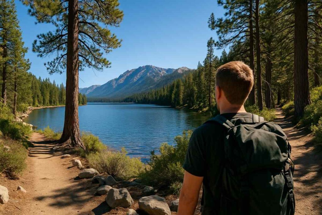 Scenic view along the Fallen Laf Lake near Lake Tahoe, featuring natural terrain, lush forest, lake views, and hikers enjoying the picturesque landscape in realistic lighting.