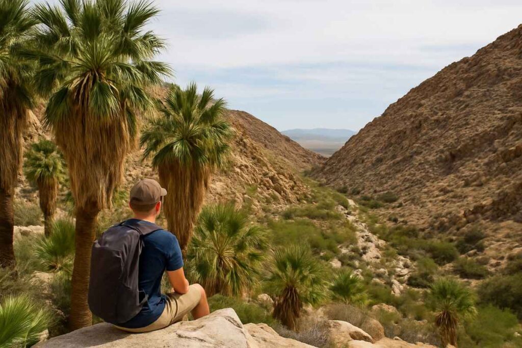 Palm-fringed pool at Fortynine Palms Oasis Trail in Joshua Tree National Park, nestled between canyon walls and desert scrub.