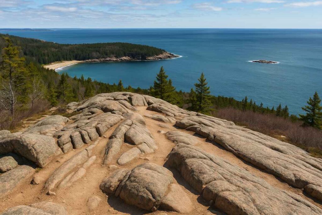 Scenic view from the Gorham Mountain Trail in Acadia National Park featuring rugged terrain, coastal landscapes, and signature hiking scenery
