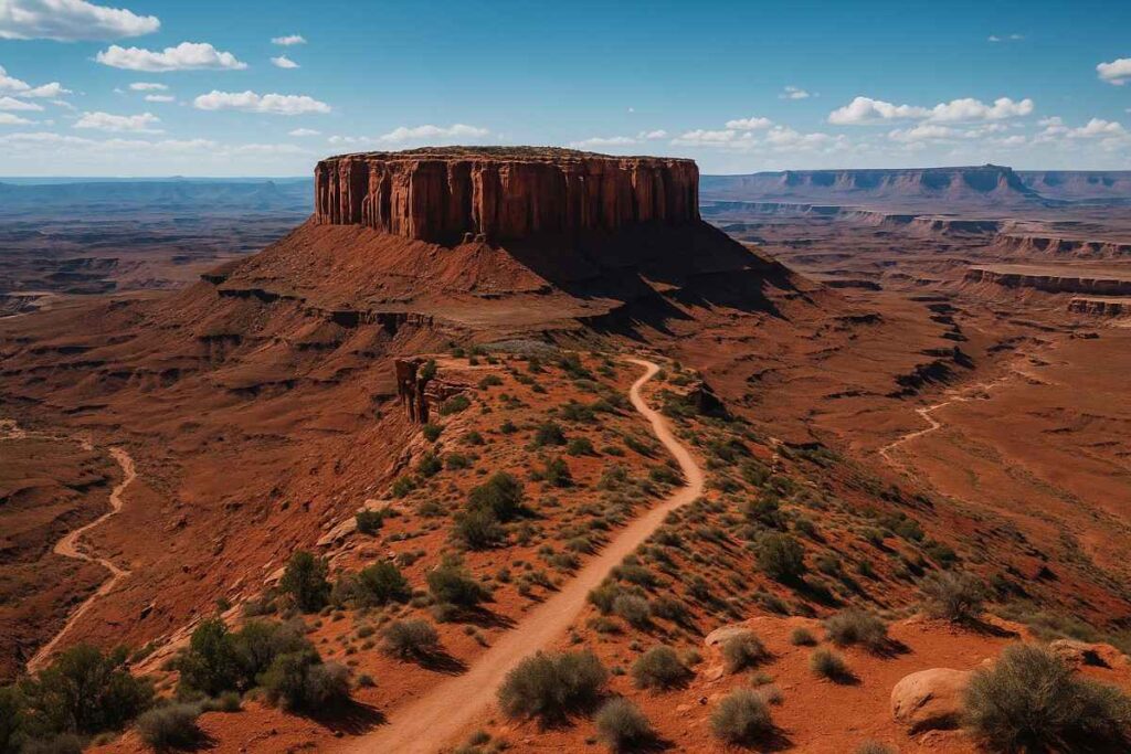 A scenic view along the Grand View Poing Trail in Canyonlands National Park, showcasing rugged red rock formations, desert vegetation, and the vast natural beauty of the American Southwest under a clear blue sky.