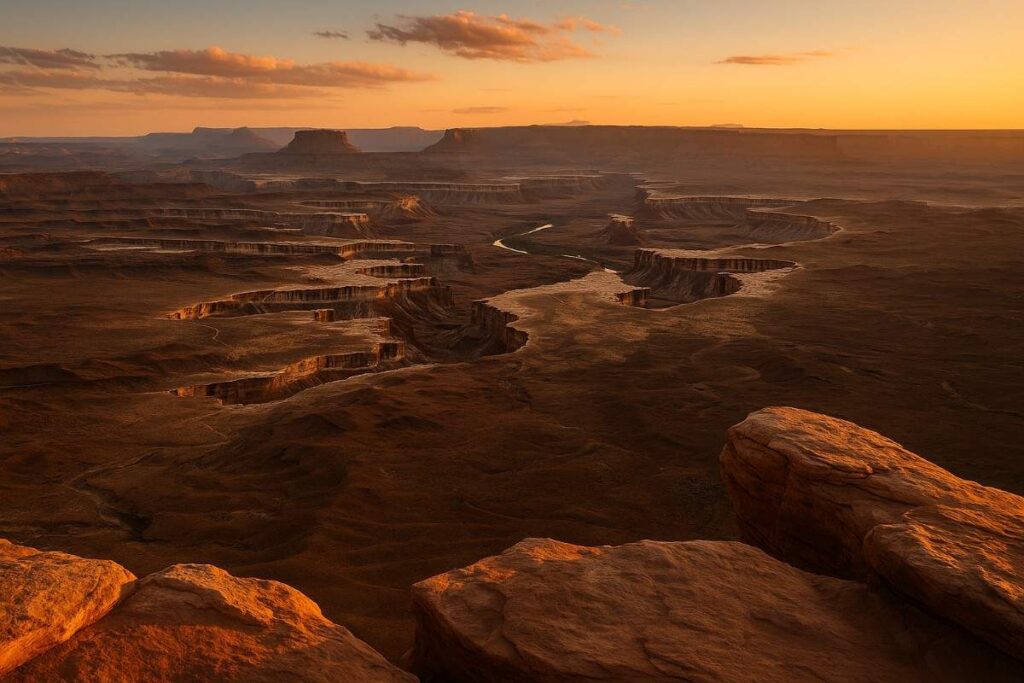A scenic view along the Green River Trail in Canyonlands National Park, showcasing rugged red rock formations, desert vegetation, and the vast natural beauty of the American Southwest under a clear blue sky.