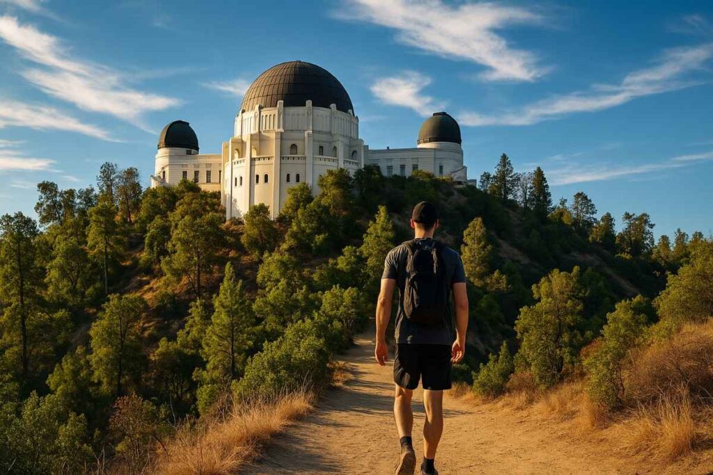 A scenic photograph of a hiker exploring the rugged terrain along the Griffith Observatory West Trail Loop, surrounded by natural beauty, clear skies, and dramatic landscapes.