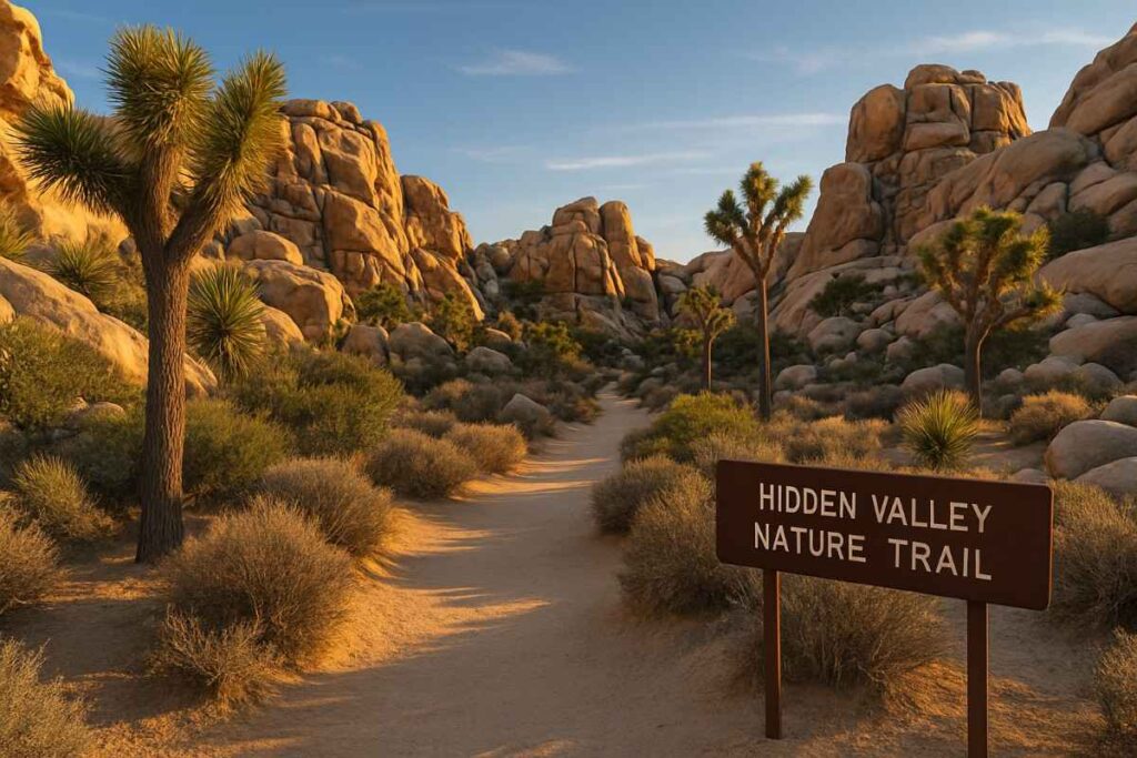 Hiker walking through the Hidden Valley Nature Trail in Joshua Tree National Park, framed by towering monzogranite boulders and clusters of yucca trees.