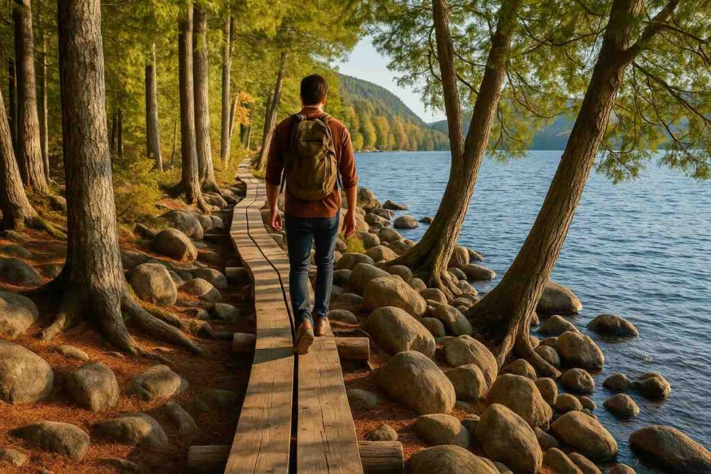 Scenic view from the Jordan Pond Path in Acadia National Park featuring rugged terrain, coastal landscapes, and signature hiking scenery