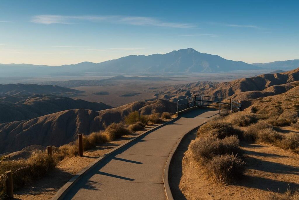 Panoramic overlook from Keys View Short Trail in Joshua Tree National Park, looking out over Coachella Valley and the Salton Sea at sunrise.