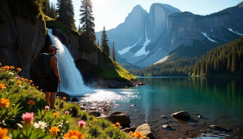 A scenic view along the Lake Serene & Bridal Veil Falls in Seattle Washington, showcasing rugged red rock formations, desert vegetation, and the vast natural beauty of the American Southwest under a clear blue sky.