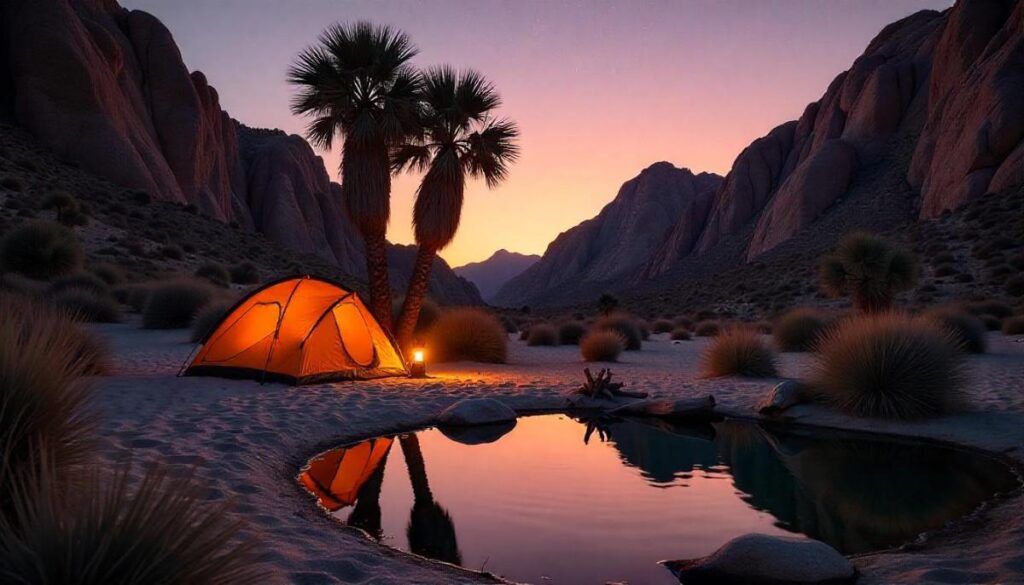 Backpackers setting up camp at Lost Palms Oasis in Joshua Tree National Park, among a grove of fan palms and star-filled night sky.