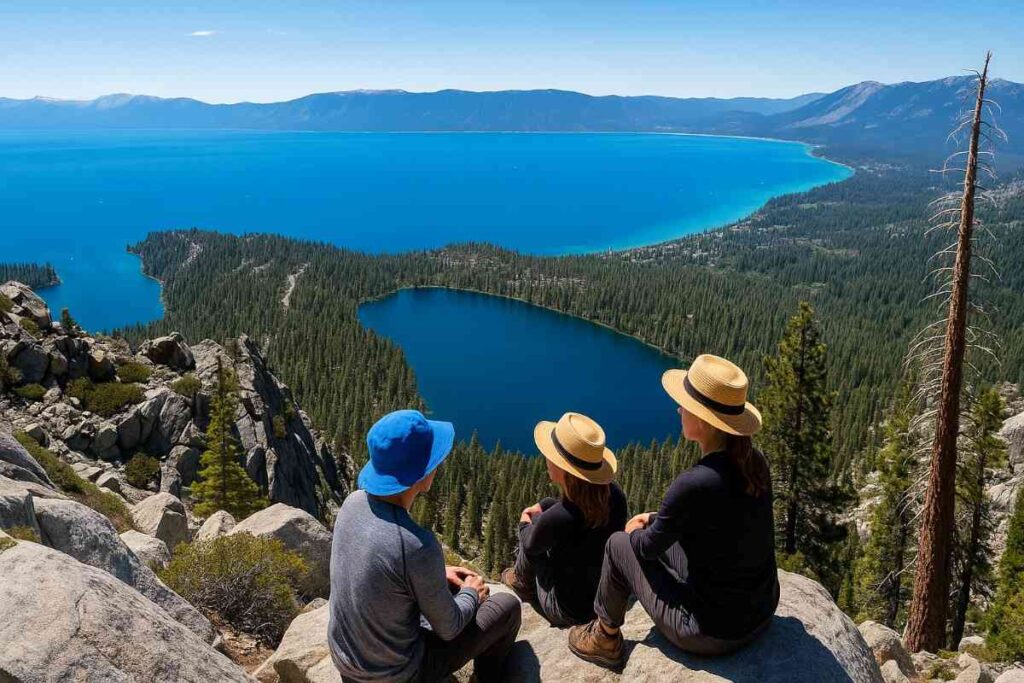 Scenic view along the Maggie's Peak near Lake Tahoe, featuring natural terrain, lush forest, lake views, and hikers enjoying the picturesque landscape in realistic lighting.