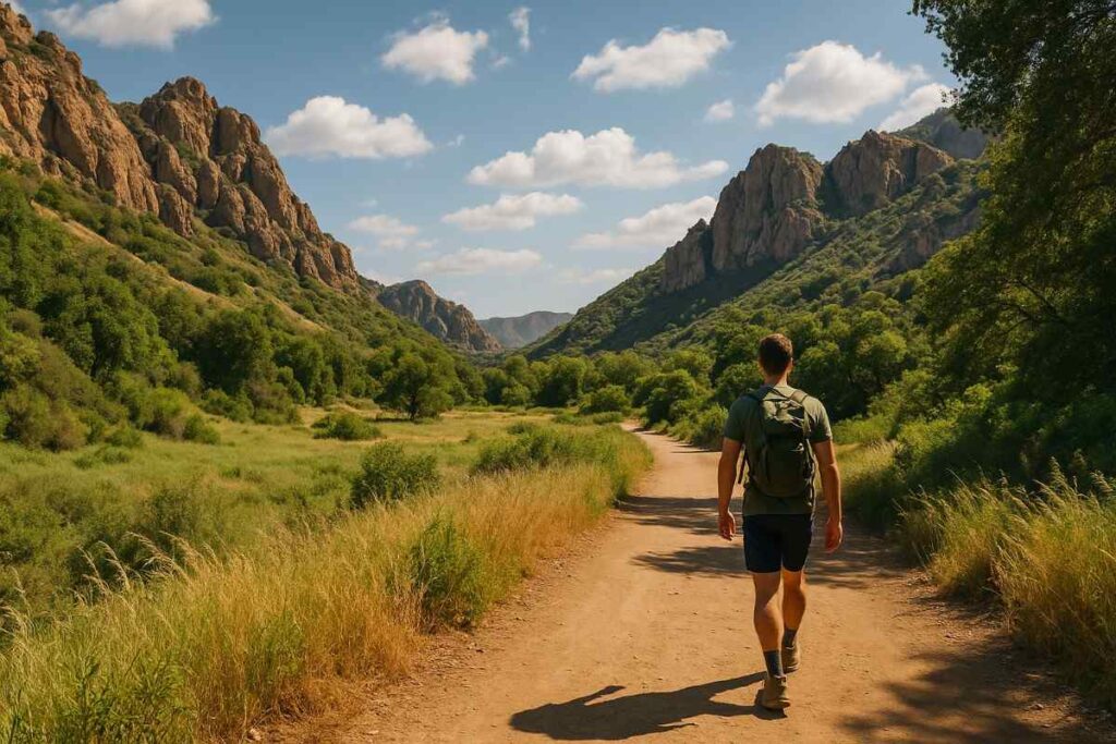 A scenic photograph of a hiker exploring the rugged terrain along the Malibu Creek Crags Road Hike, surrounded by natural beauty, clear skies, and dramatic landscapes.
