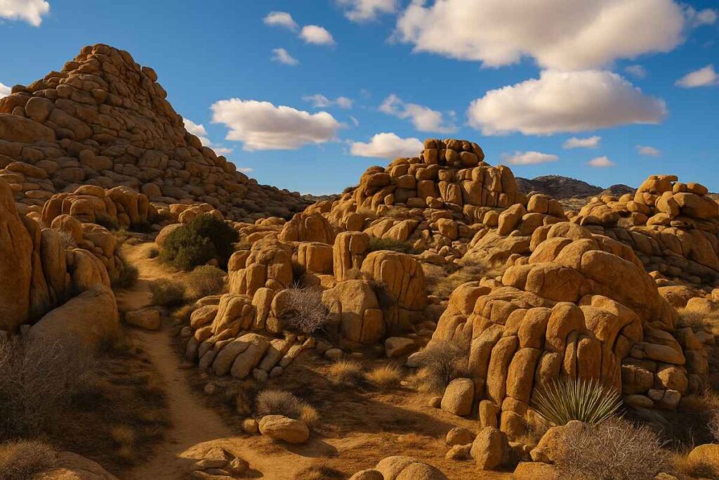 Rock cairns marking the Maze Loop Trailhead in Joshua Tree National Park, leading into a labyrinth of towering boulder formations.