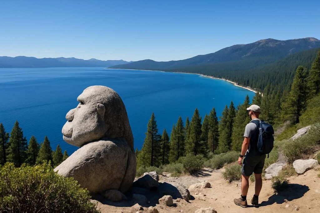 Scenic view along the Monkey Rock near Lake Tahoe, featuring natural terrain, lush forest, lake views, and hikers enjoying the picturesque landscape in realistic lighting.