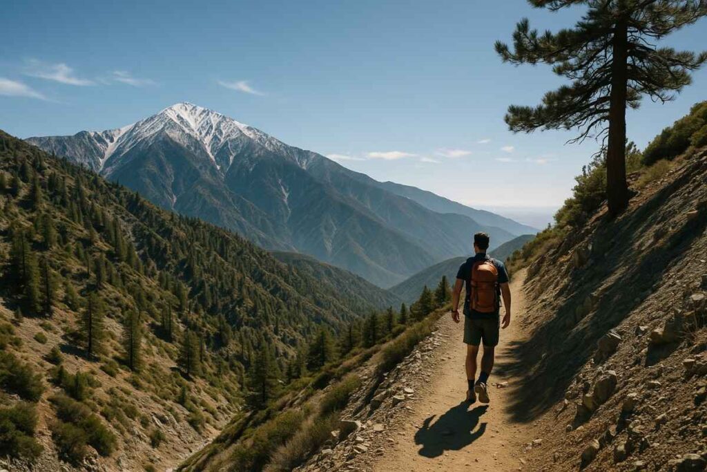 A scenic photograph of a hiker exploring the rugged terrain along the Mount Baldy, surrounded by natural beauty, clear skies, and dramatic landscapes.
