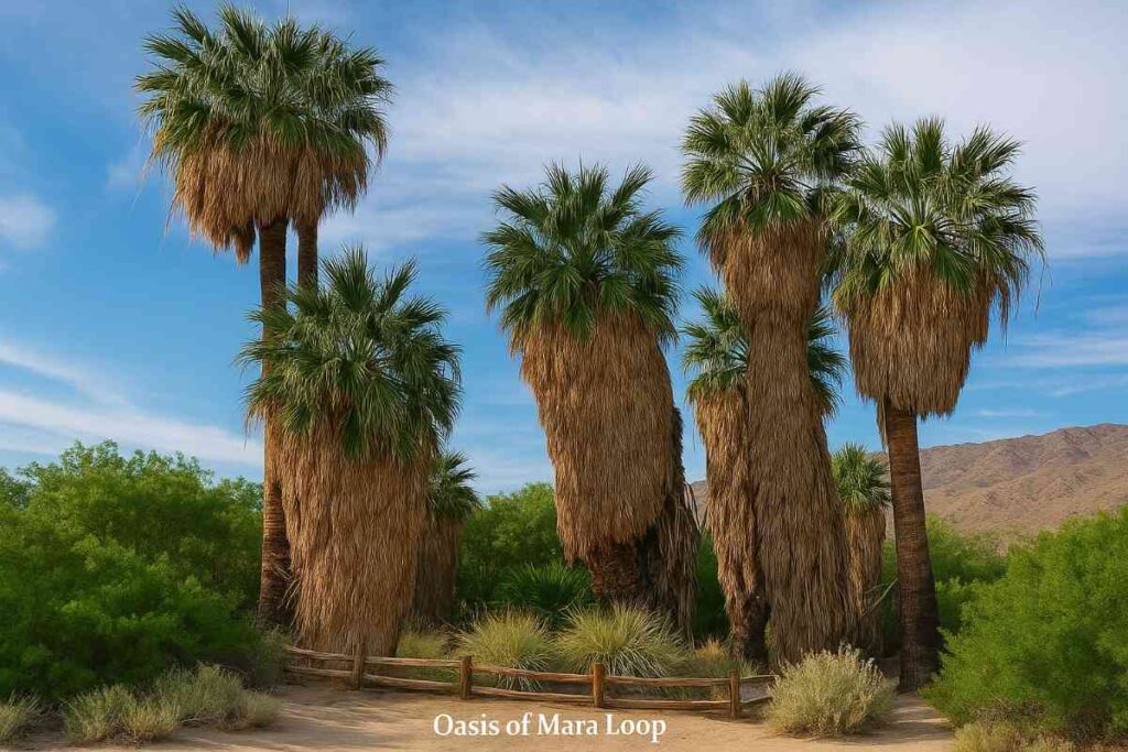 Paved Oasis of Mara Loop in Joshua Tree National Park, winding beneath towering fan palms and shaded desert foliage.
