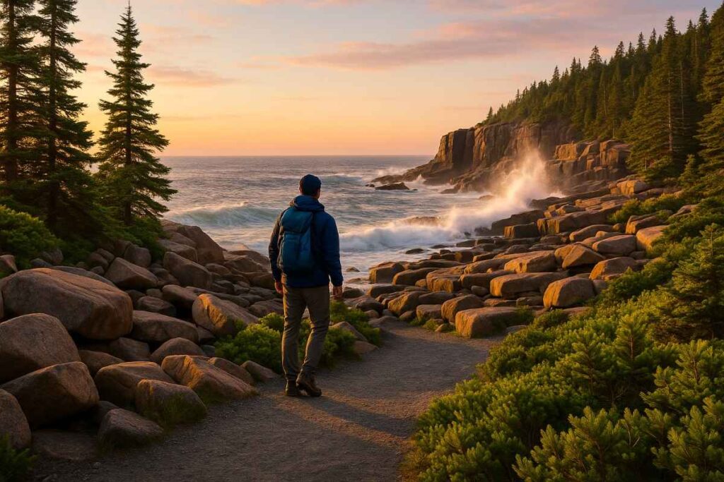 Scenic view from the Ocean Path Trail in Acadia National Park featuring rugged terrain, coastal landscapes, and signature hiking scenery