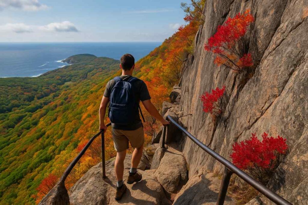 Scenic view from the Precipice Trail in Acadia National Park featuring rugged terrain, coastal landscapes, and signature hiking scenery
