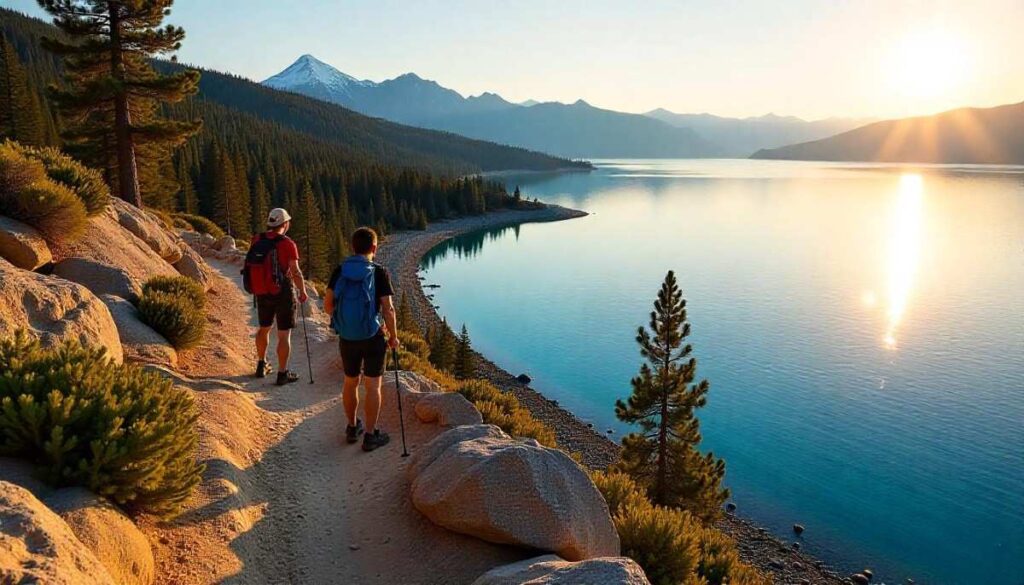 Scenic view along the Rubicom Trail near Lake Tahoe, featuring natural terrain, lush forest, lake views, and hikers enjoying the picturesque landscape in realistic lighting.