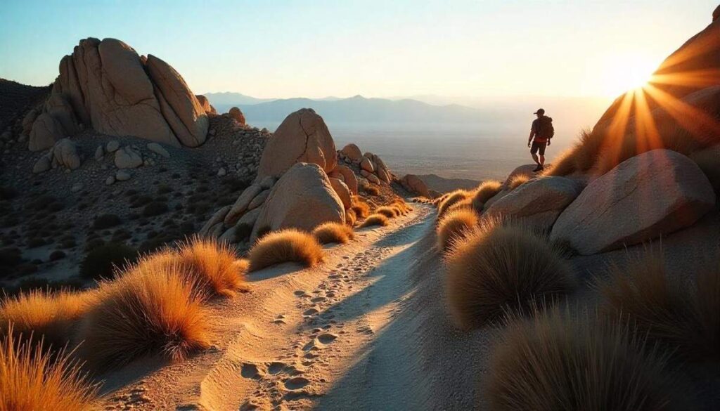 View from Ryan Mountain Trail summit in Joshua Tree National Park, showcasing panoramic desert basin and distant mountain ranges under a clear sky.