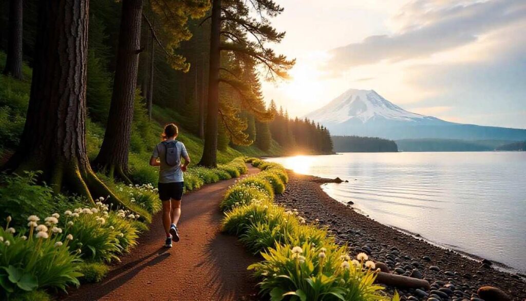 A scenic view along the Seward Park Loop in Seattle Washington, showcasing rugged red rock formations, desert vegetation, and the vast natural beauty of the American Southwest under a clear blue sky.