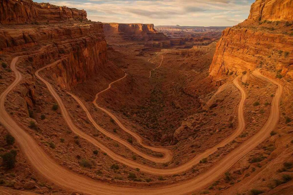 A scenic view along the Shafer Trail in Canyonlands National Park, showcasing rugged red rock formations, desert vegetation, and the vast natural beauty of the American Southwest under a clear blue sky.