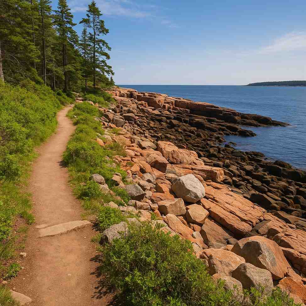 Scenic view from the Ship Harbor Nature Trail in Acadia National Park featuring rugged terrain, coastal landscapes, and signature hiking scenery