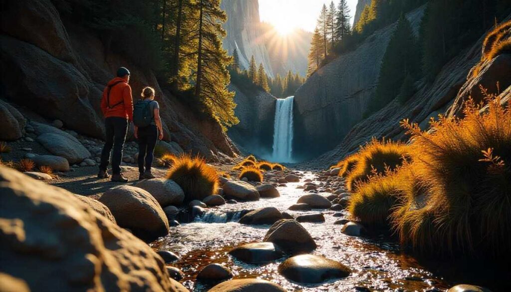 Scenic view along the Shirley Canyon near Lake Tahoe, featuring natural terrain, lush forest, lake views, and hikers enjoying the picturesque landscape in realistic lighting.