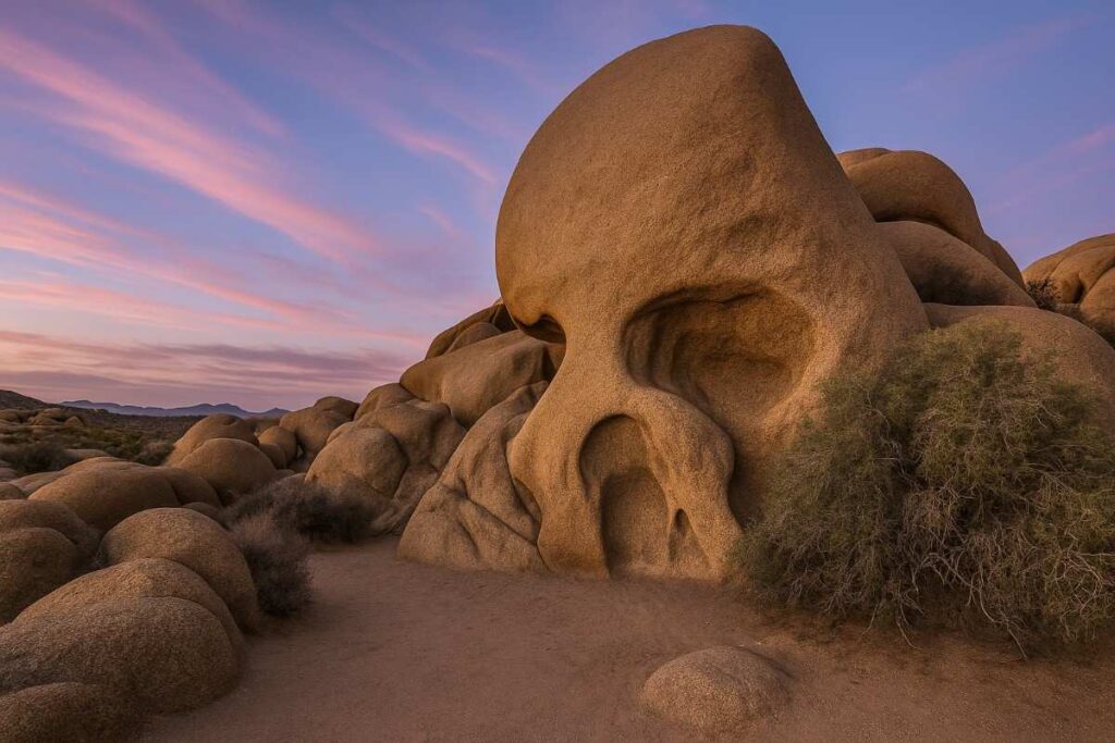Trail view of Skull Rock Loop in Joshua Tree National Park, featuring the distinctive skull-shaped granite formation beside a sandy path.