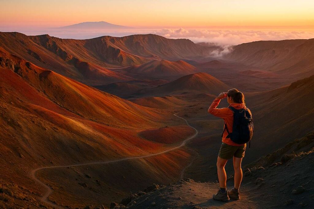 Sunrise view of a hiker on Sliding Sands Trail at Haleakalā National Park, volcanic cinder slopes glowing pink.