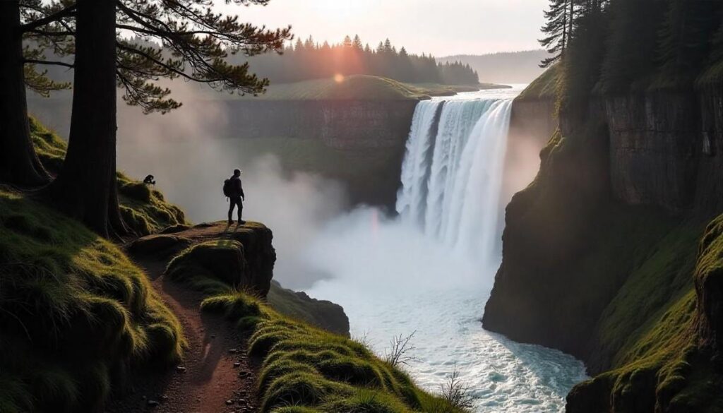 A scenic view along the Snoqualmie Falls Trail near Seattle Washington, showcasing rugged red rock formations, desert vegetation, and the vast natural beauty of the American Southwest under a clear blue sky.