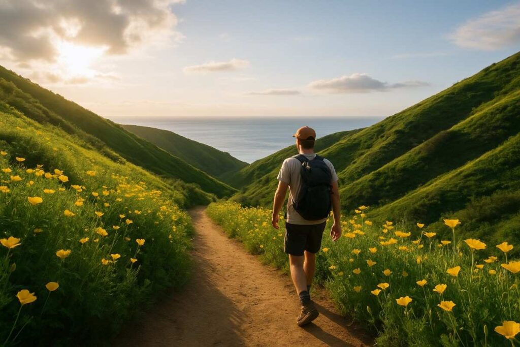 A scenic photograph of a hiker exploring the rugged terrain along the Solstic Canyon, surrounded by natural beauty, clear skies, and dramatic landscapes.