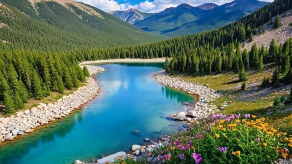 A scenic hiking trail near Denver, Colorado, showcasing dramatic rock formations, open meadows, and winding forest paths on the St. Mary's Glacier.